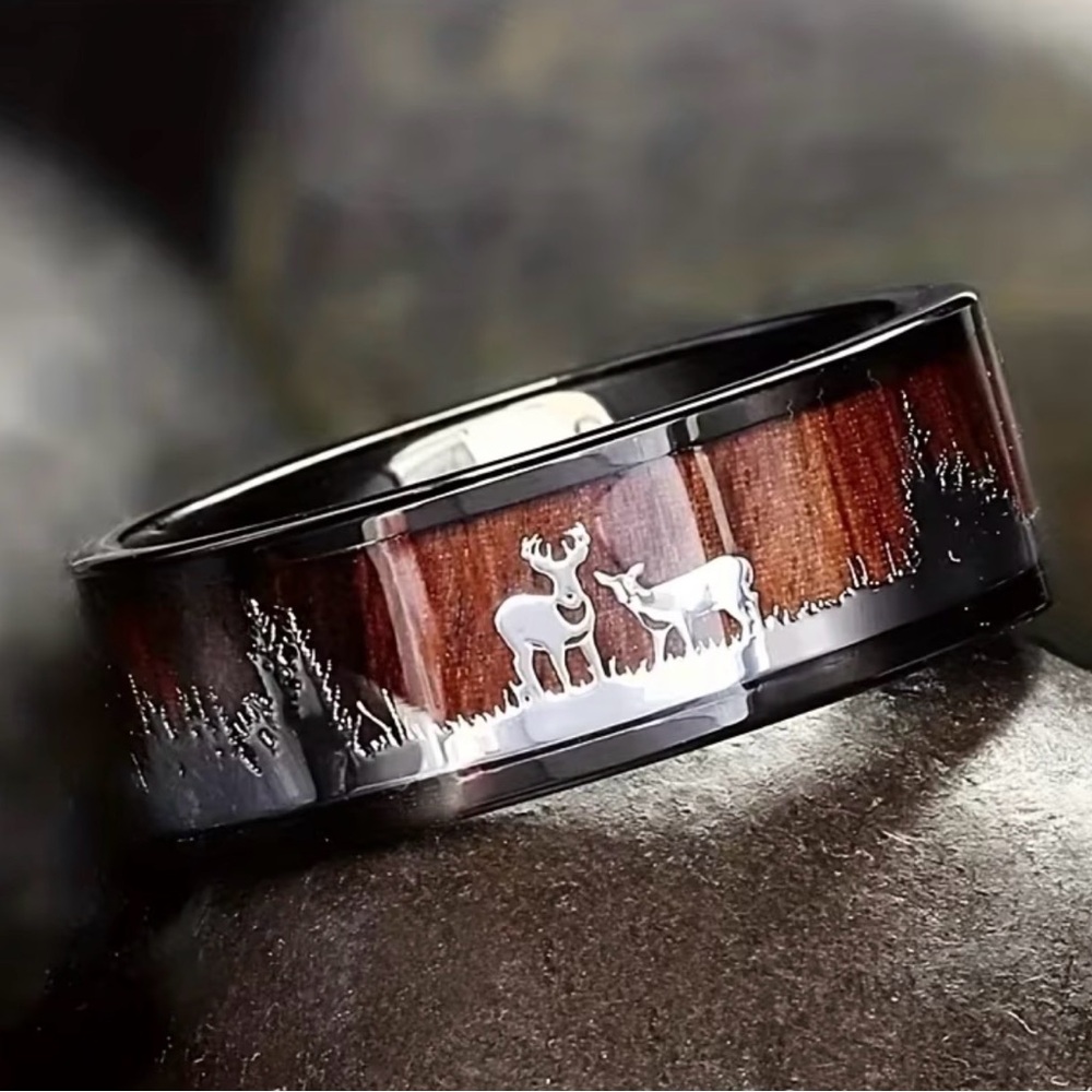 Men's Black and Brown Deer Forest Design 304 Stainless Steel Ring